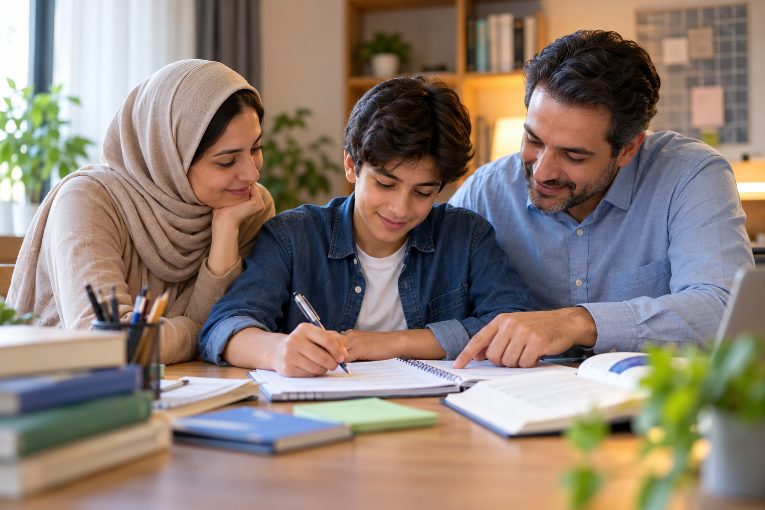 دانش‌آموز در حال انجام تکالیف با همراهی والدین برای تقویت مسئولیت‌پذیری در خانه