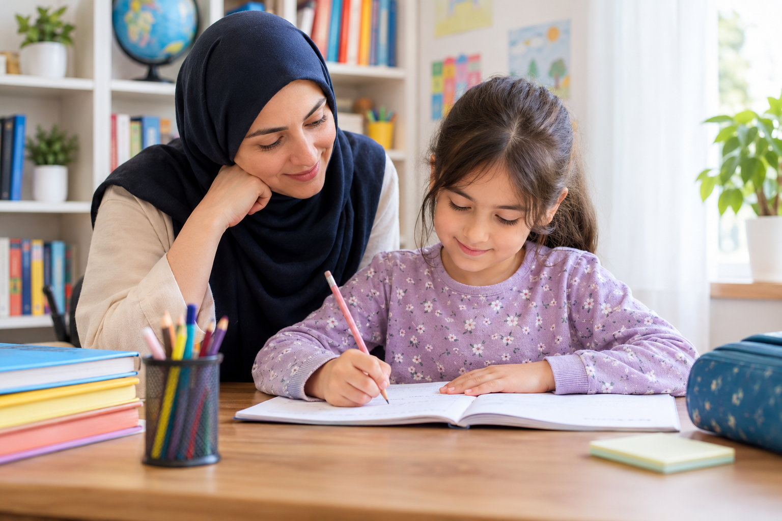 مادر در کنار دانش‌آموز دبستانی هنگام انجام تکلیف و تمرین خواندن و نوشتن